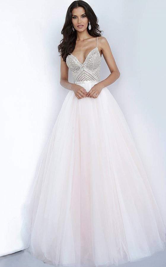 Jovani - 00580 Beaded Deep V-neck Ballgown Ball Gowns 00 / Blush