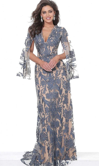 Jovani - 00752 Cape Sleeve Novelty Lace Sheath Gown Evening Dresses 00 / Navy/Nude