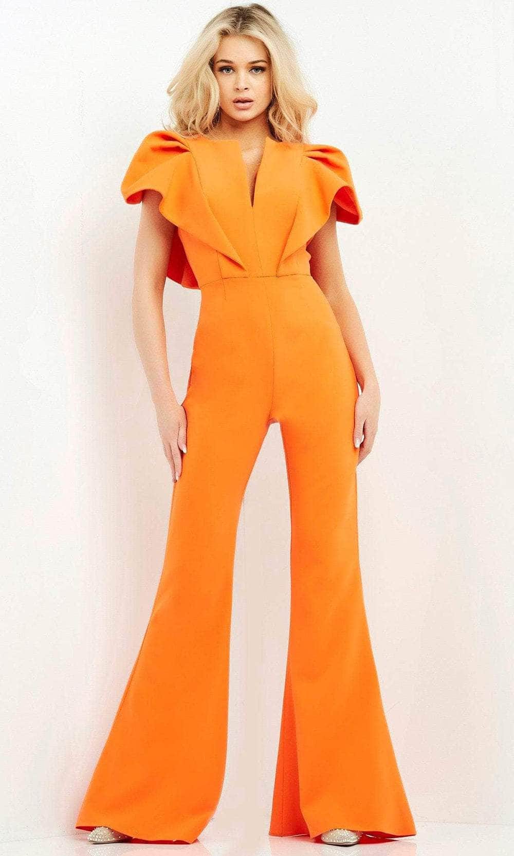 Jovani - 00762 Ruffle Angel Sleeved Split Neckline Jumpsuit Evening Dresses 00 / Orange