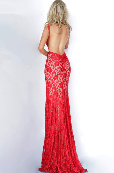 Jovani - 00782 Backless V Neck Allover Lace Fitted Long Dress Evening Dresses