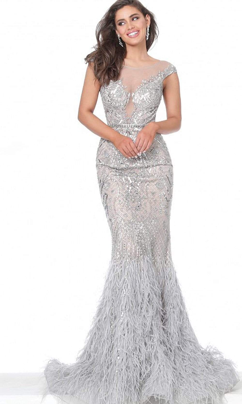 Jovani - 00880 Metallic Ornate Feather-Fringed Flare Gown Evening Dresses 00 / Silver/Nude