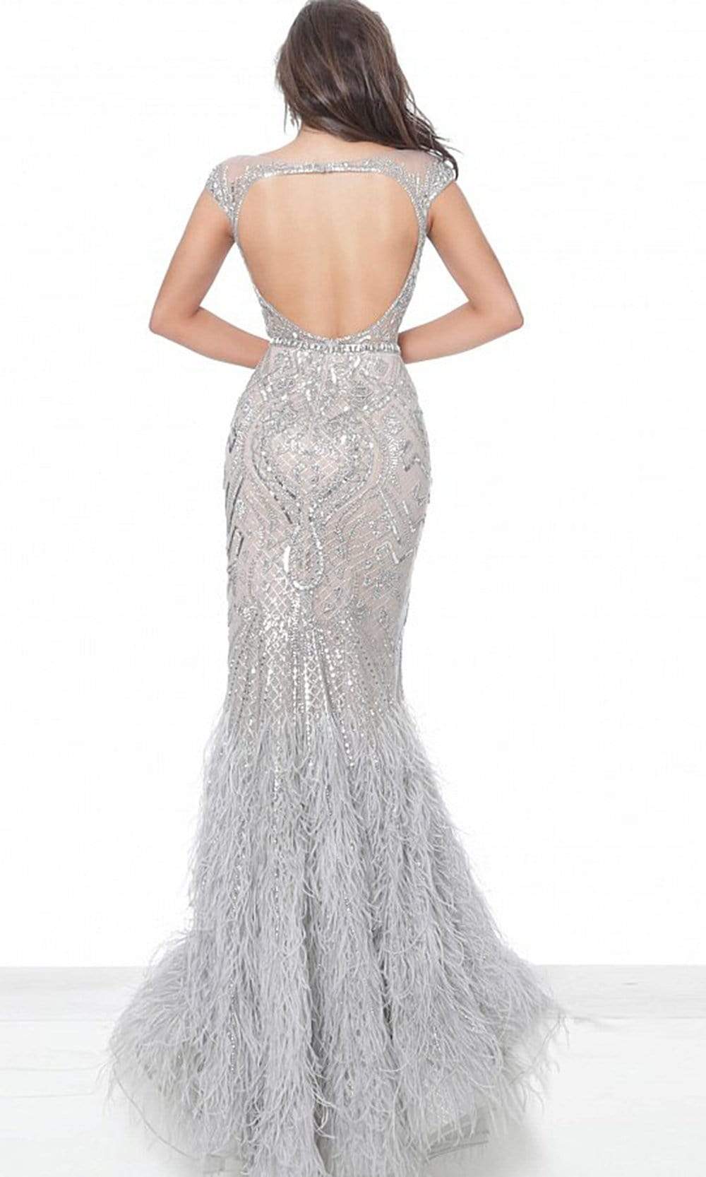 Jovani - 00880 Metallic Ornate Feather-Fringed Flare Gown Evening Dresses