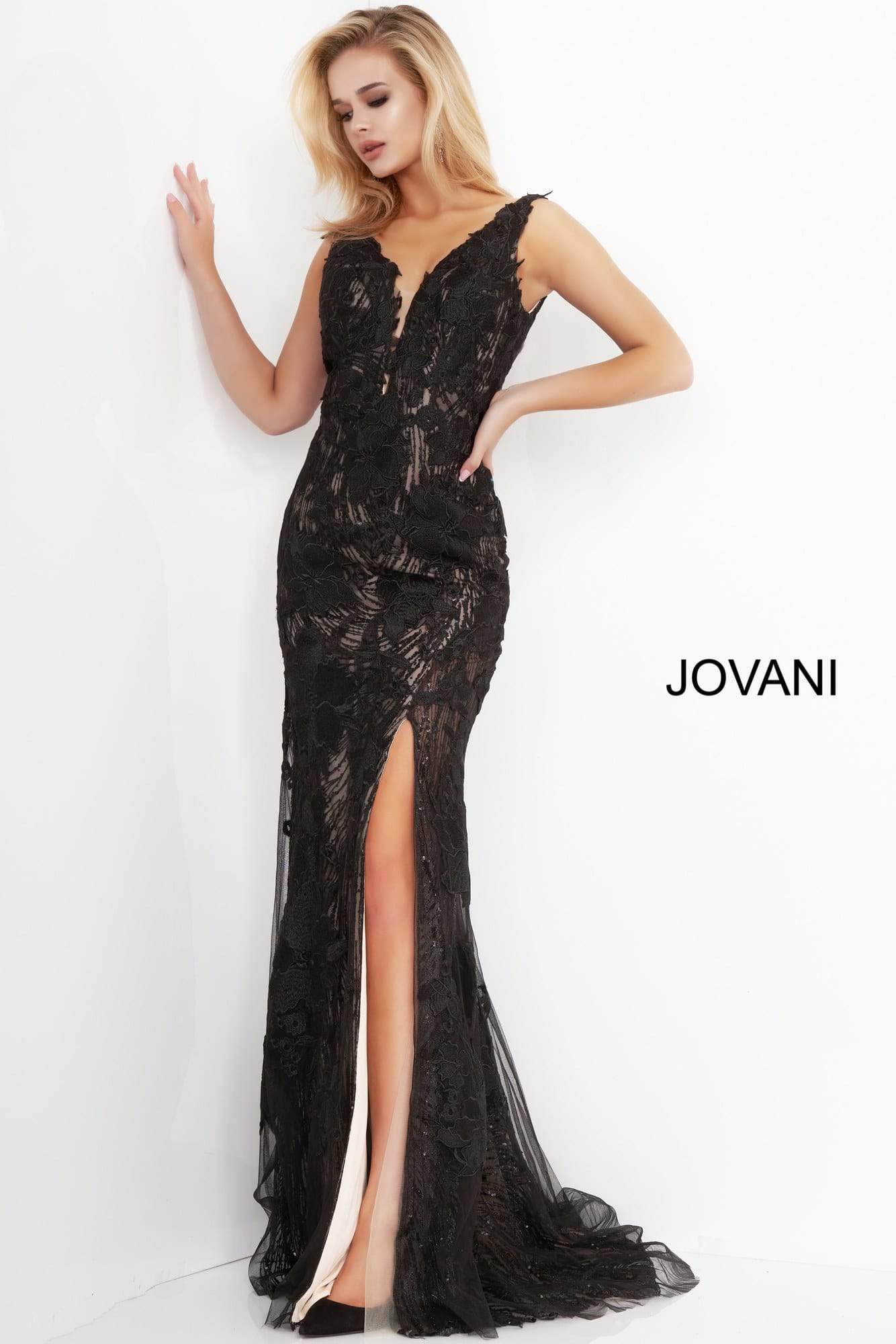 Jovani - 02444 Floral Embroidered Lace Deep V-neck Trumpet Dress Evening Dresses