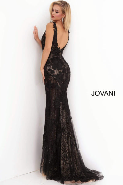 Jovani - 02444 Floral Embroidered Lace Deep V-neck Trumpet Dress Evening Dresses