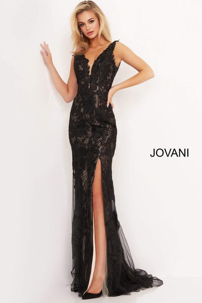 Jovani - 02444 Floral Embroidered Lace Deep V-neck Trumpet Dress Evening Dresses