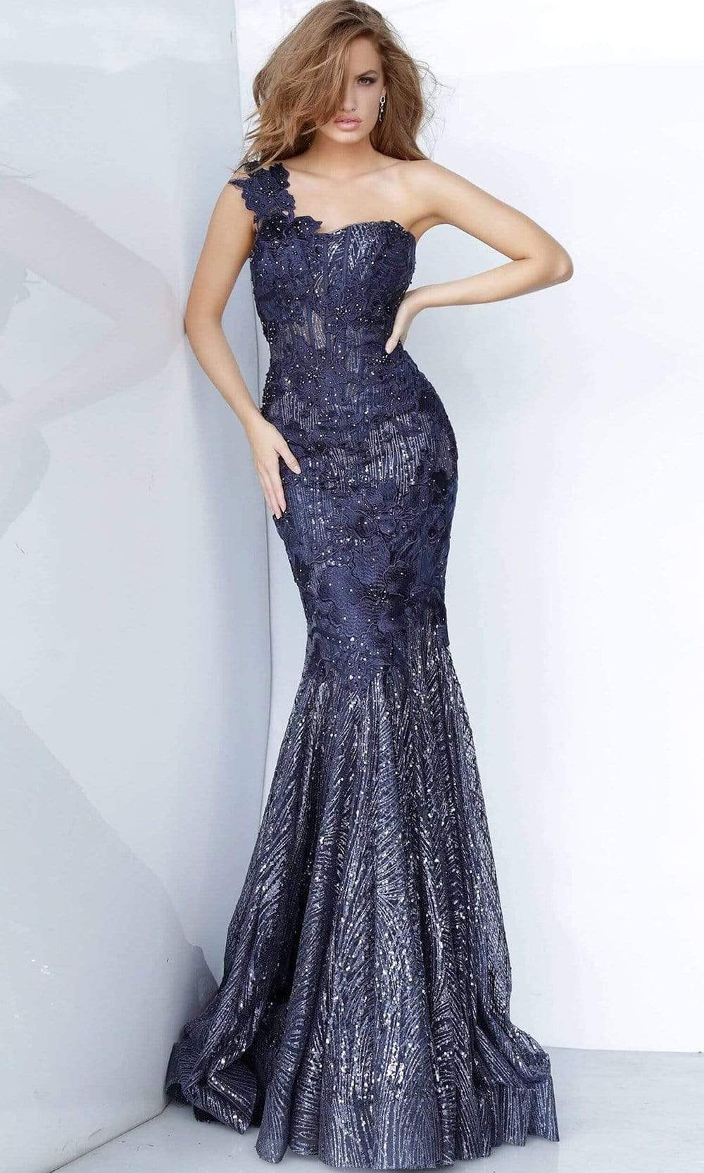 Jovani - 02445 Sweetheart Lace Applique Trumpet Dress Evening Dresses 00 / Navy
