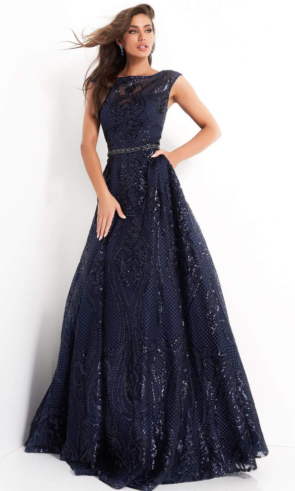 Jovani - 02514 Cap Sleeve Sequin Embroidered A-Line Gown Evening Dresses 00 / Navy