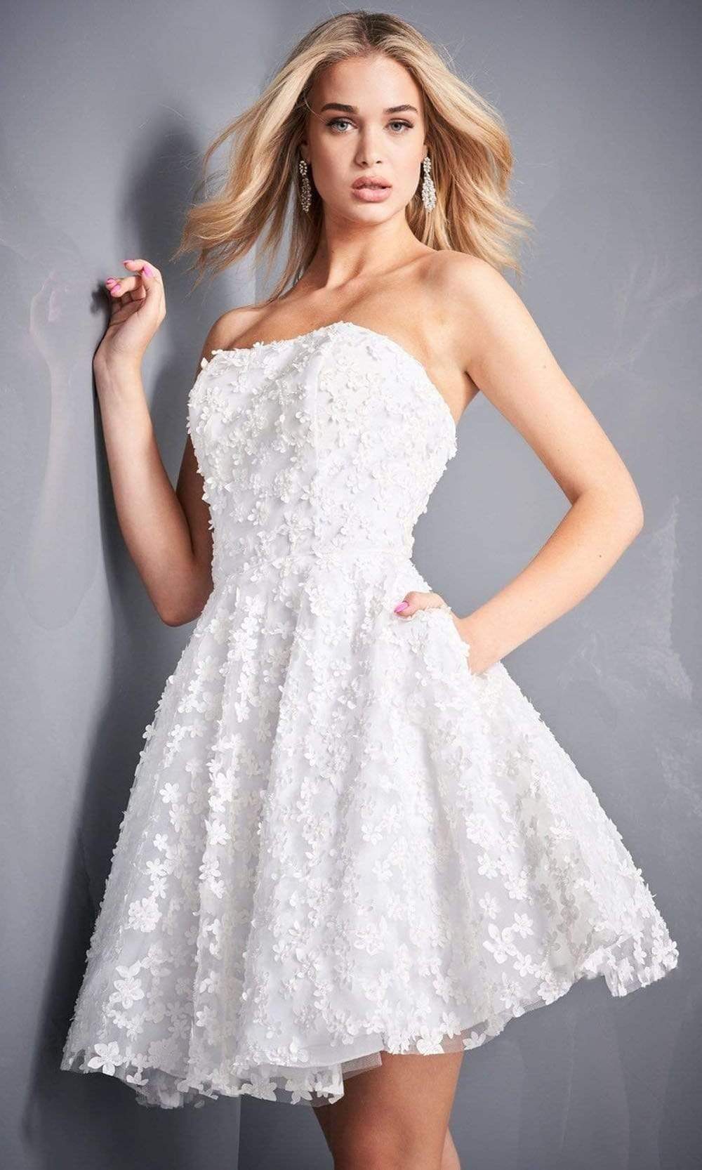 Jovani - 02564 Strapless Floral Appliqued A-Line Dress Homecoming Dresses 00 / White