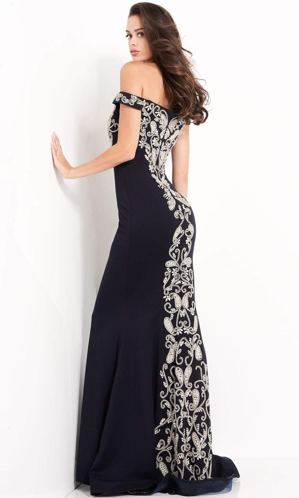 Jovani - 02576 Off Shoulder Paisley Motif Long Gown Evening Dresses