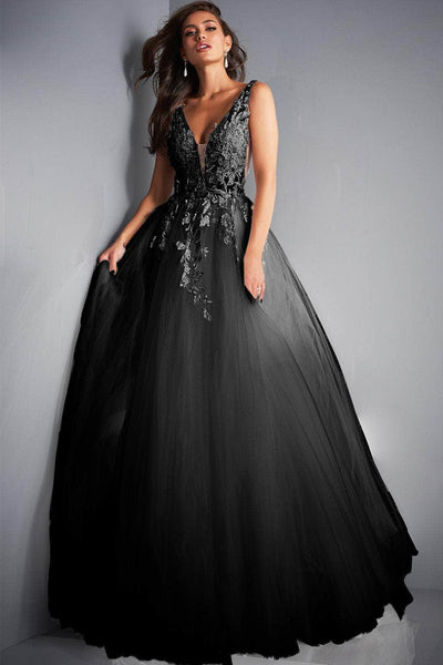 Jovani - 02840 Plunging Neck Floral Applique Tulle Ballgown Ball Gowns 00 / Black