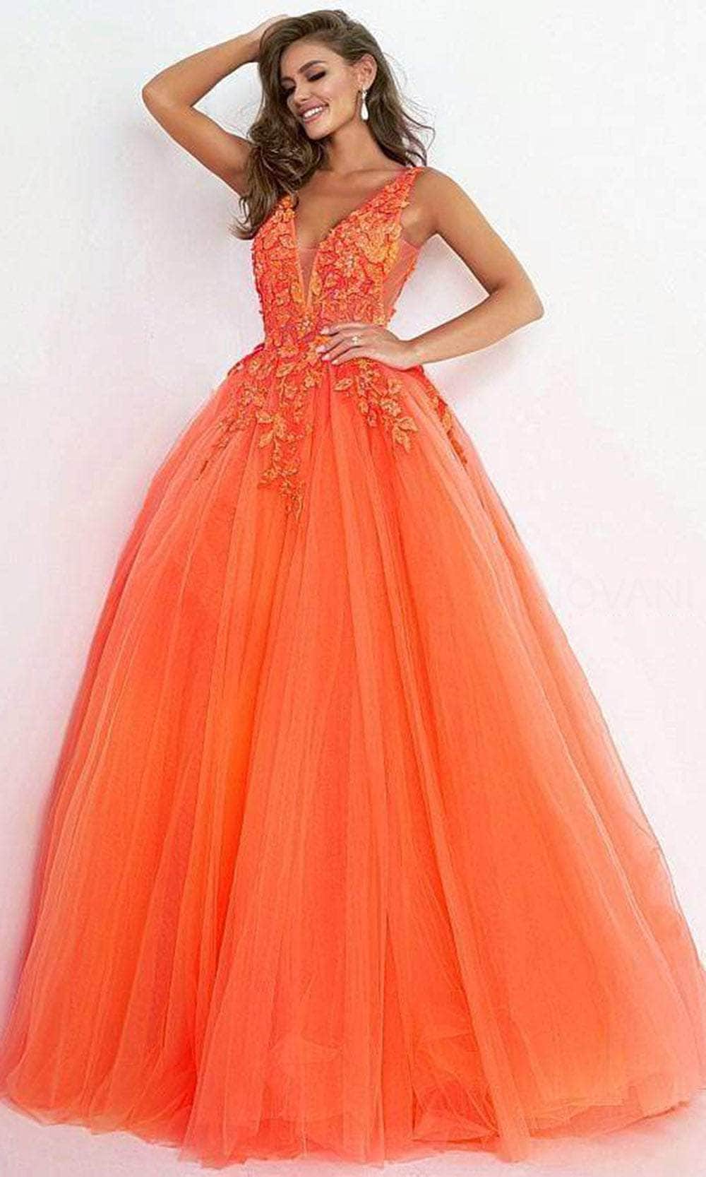 Jovani - 02840 Plunging Neck Floral Applique Tulle Ballgown Ball Gowns 00 / Orange