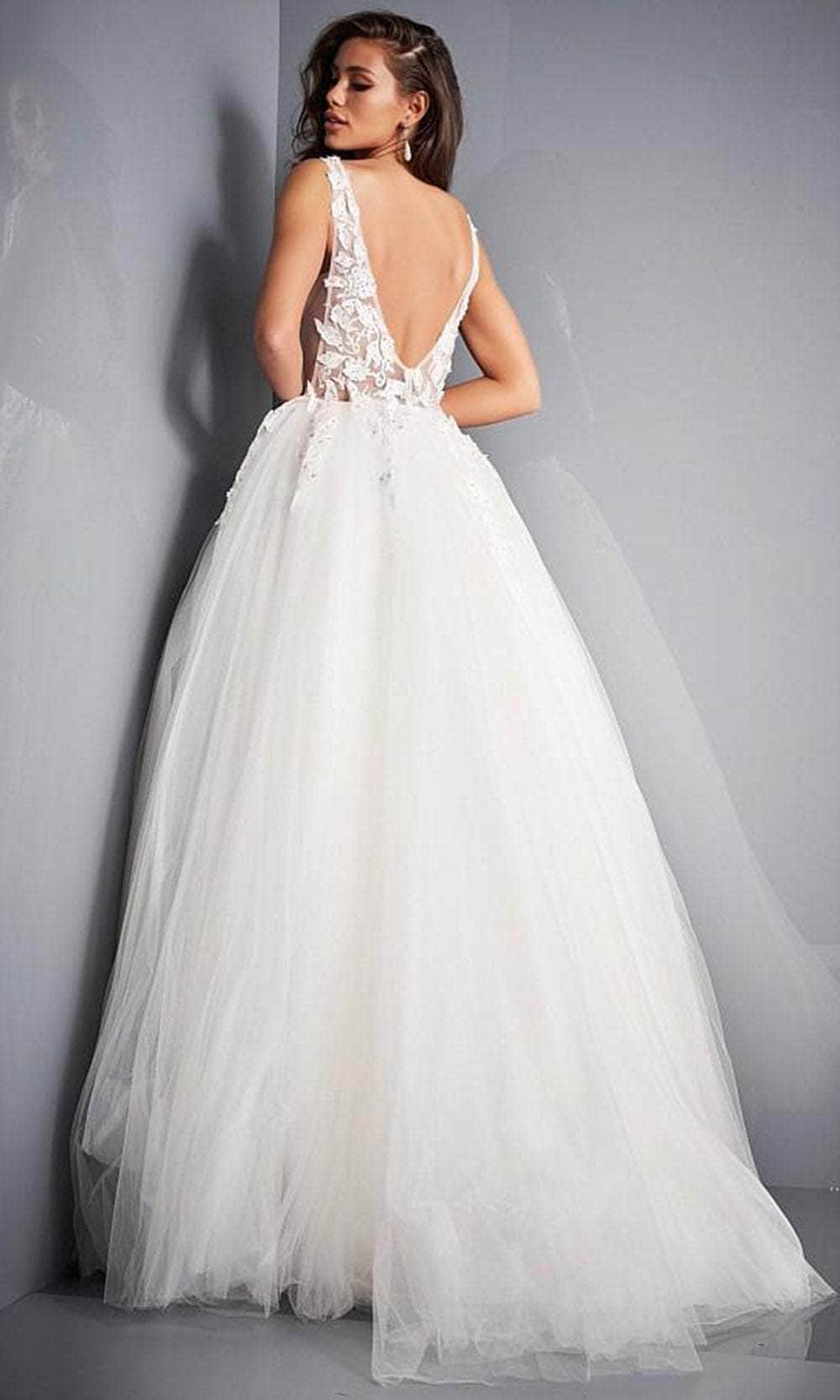 Jovani - 02840 Plunging Neck Floral Applique Tulle Ballgown Ball Gowns