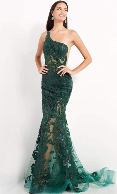 Jovani - 02895 One Shoulder Embellished Illusion Mermaid Gown Prom Dresses 00 / Forest