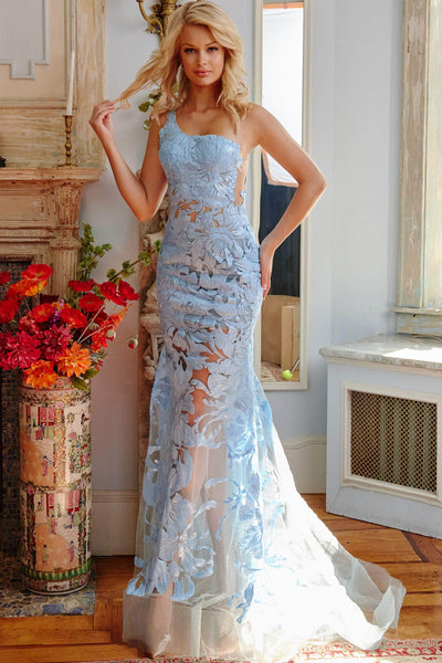 Jovani - 02895 One Shoulder Embellished Illusion Mermaid Gown Prom Dresses 00 / Light-Blue