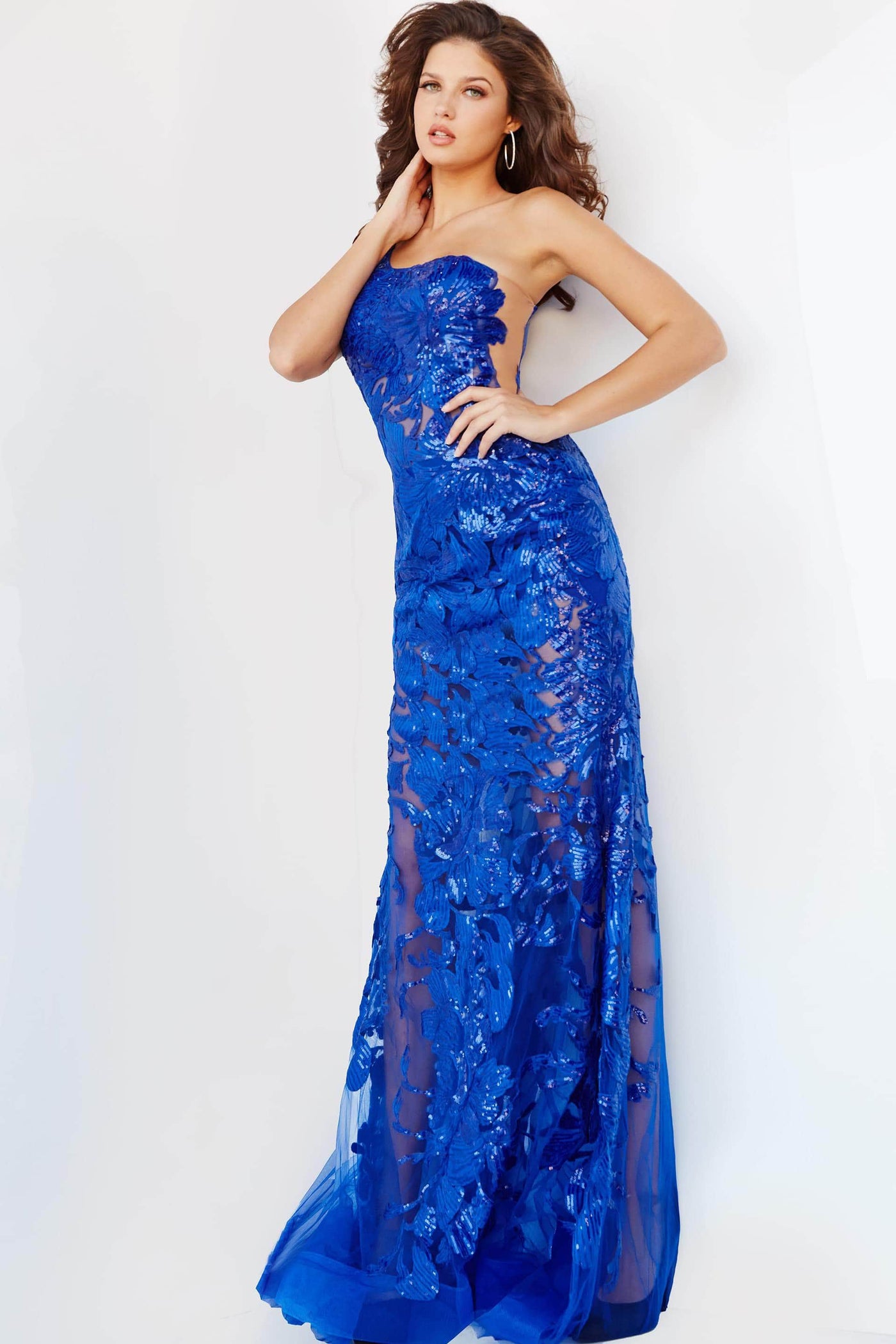 Jovani - 02895 One Shoulder Embellished Illusion Mermaid Gown Prom Dresses 00 / Royal
