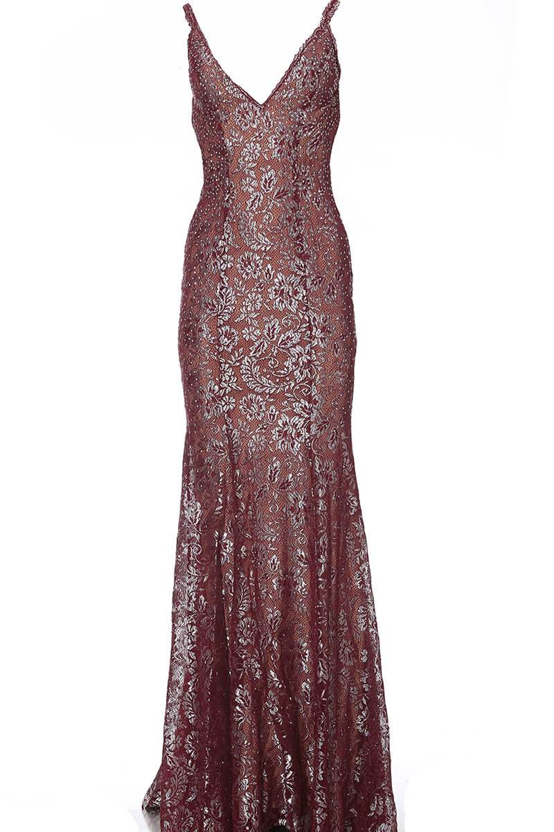 Jovani - 02906 Backless Metallic Lace Mermaid Gown Prom Dresses 00 / Burgundy/Silver