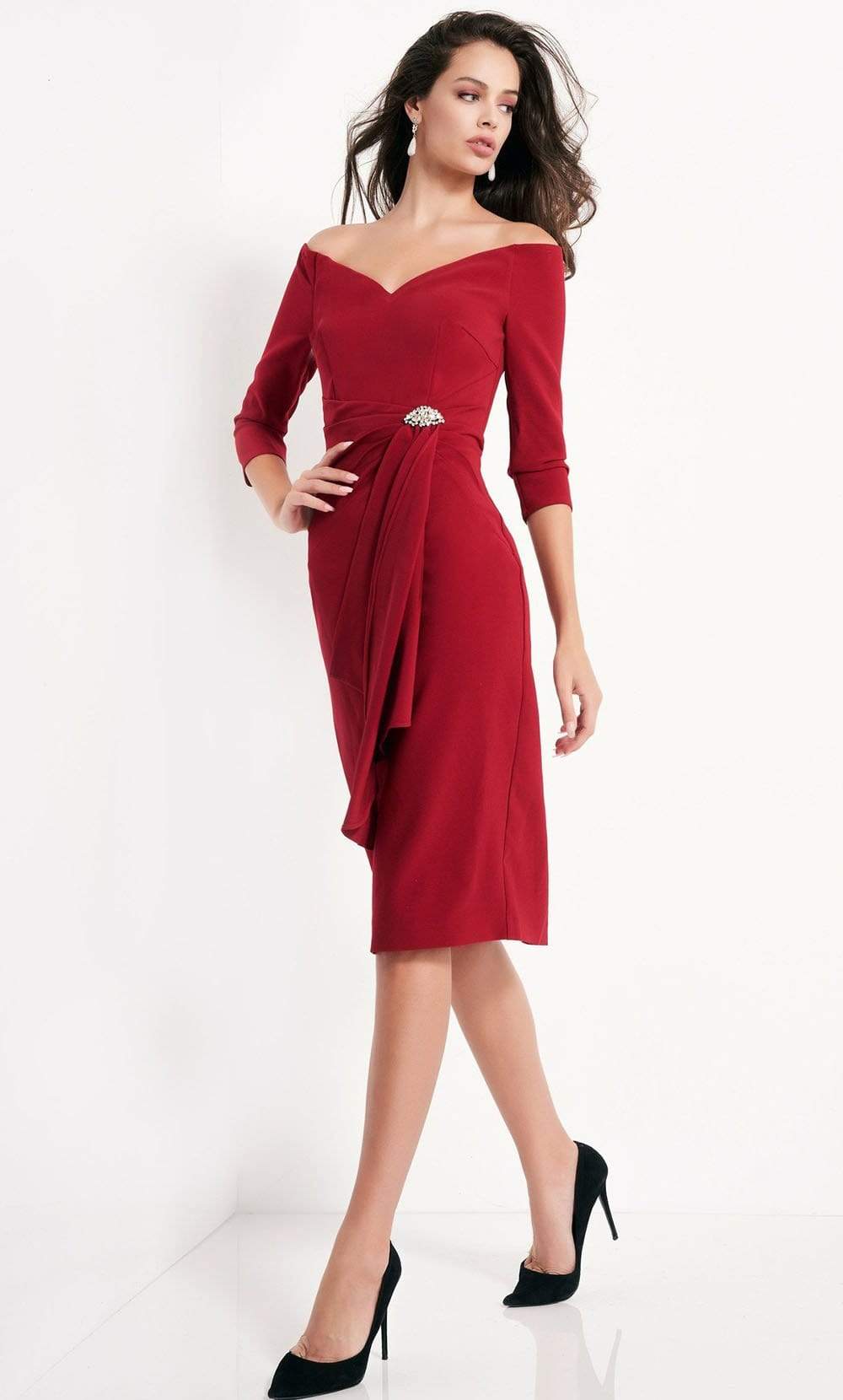 Jovani - 02949 Three Quarter Sleeve V-Neck Off Shoulder Cocktail Dress Evening Dresses 00 / Burgundy