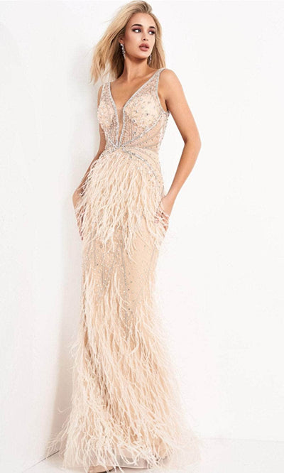 Jovani - 03023 Sheer Bodice Beaded Adorned Feather Fitted Evening Gown Prom Dresses 00 / Blush