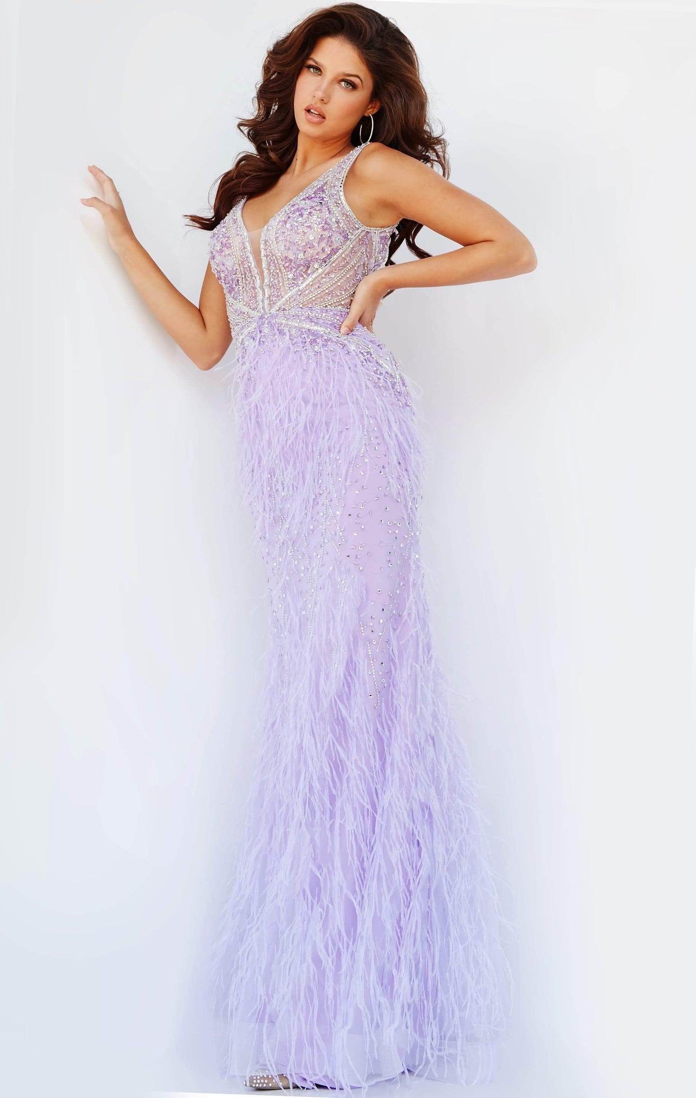 Jovani - 03023 Sheer Bodice Beaded Adorned Feather Fitted Evening Gown Prom Dresses 00 / Lilac