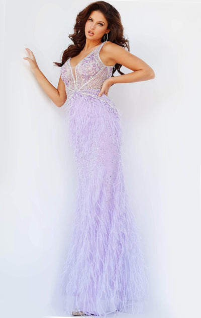 Jovani - 03023 Sheer Bodice Beaded Adorned Feather Fitted Evening Gown Prom Dresses 00 / Lilac