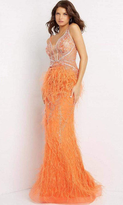 Jovani - 03023 Sheer Bodice Beaded Adorned Feather Fitted Evening Gown Prom Dresses 00 / Orange