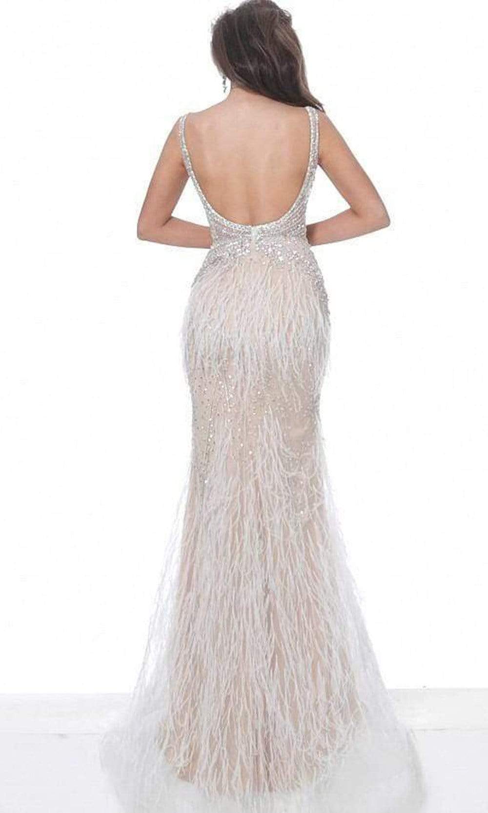 Jovani - 03023 Sheer Bodice Beaded Adorned Feather Fitted Evening Gown Prom Dresses