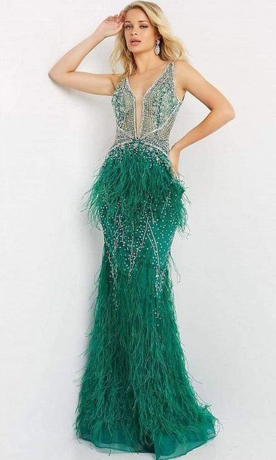 Jovani - 03023 Sheer Bodice Beaded Adorned Feather Fitted Evening Gown Prom Dresses