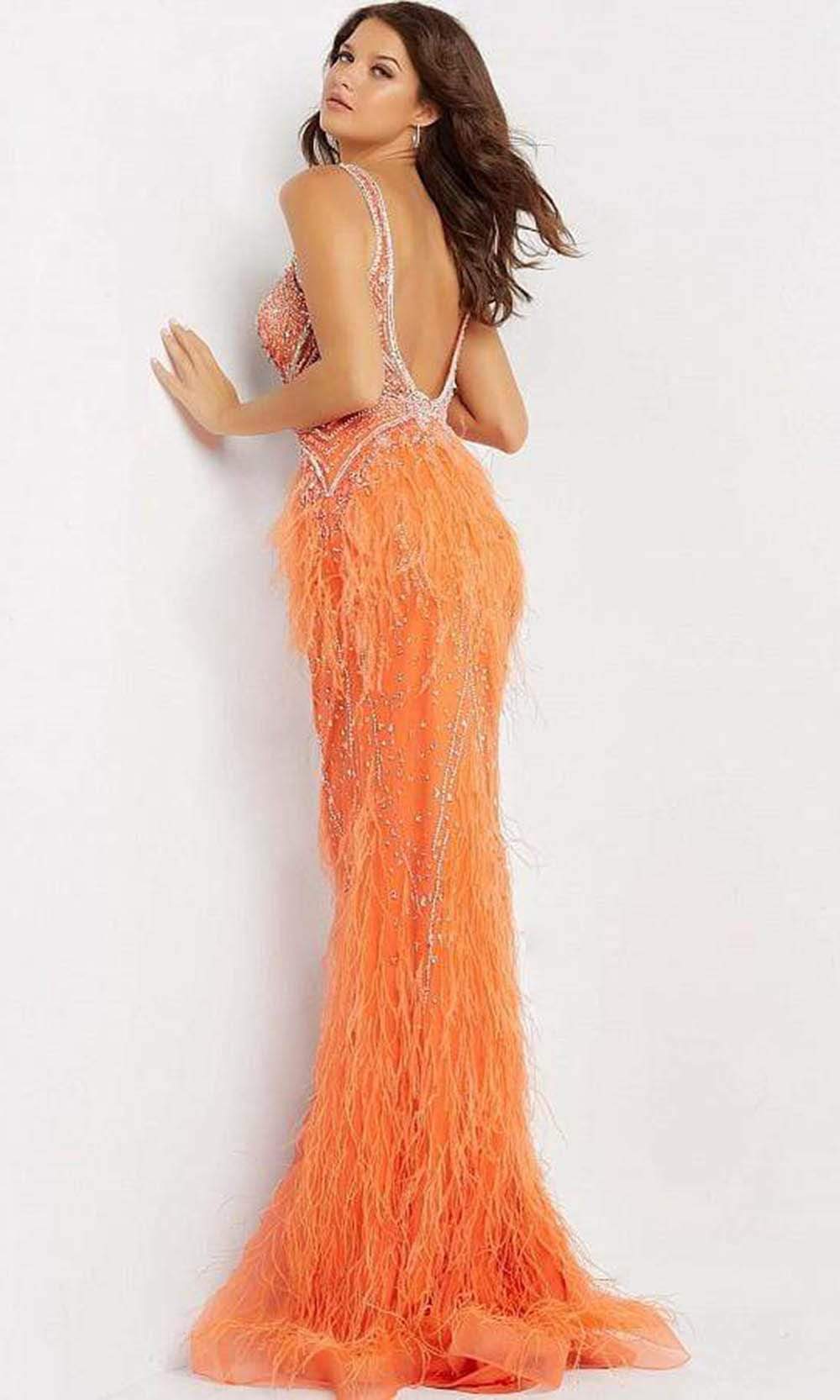 Jovani - 03023 Sheer Bodice Beaded Adorned Feather Fitted Evening Gown Prom Dresses In Orange