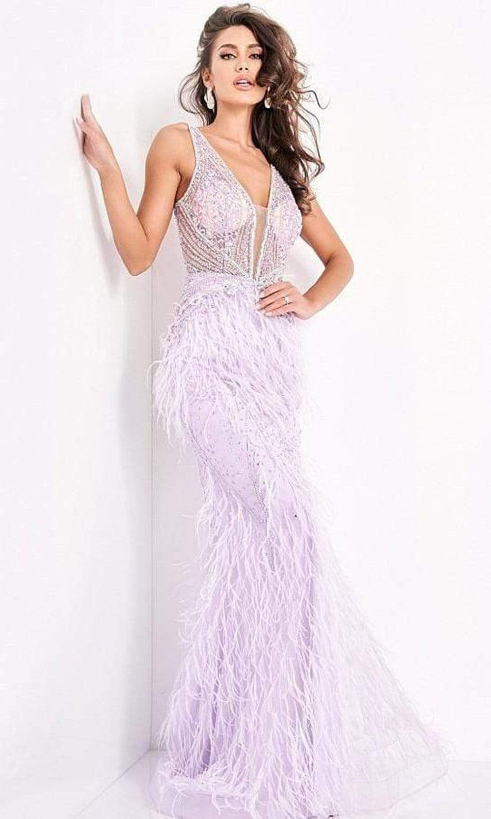 Jovani - 03023 Sheer Bodice Beaded Adorned Feather Fitted Evening Gown Prom Dresses