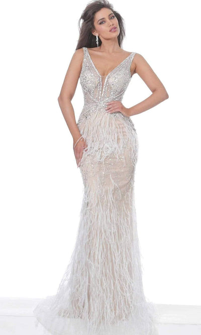 Jovani - 03023 Sheer Bodice Beaded Adorned Feather Fitted Evening Gown Prom Dresses