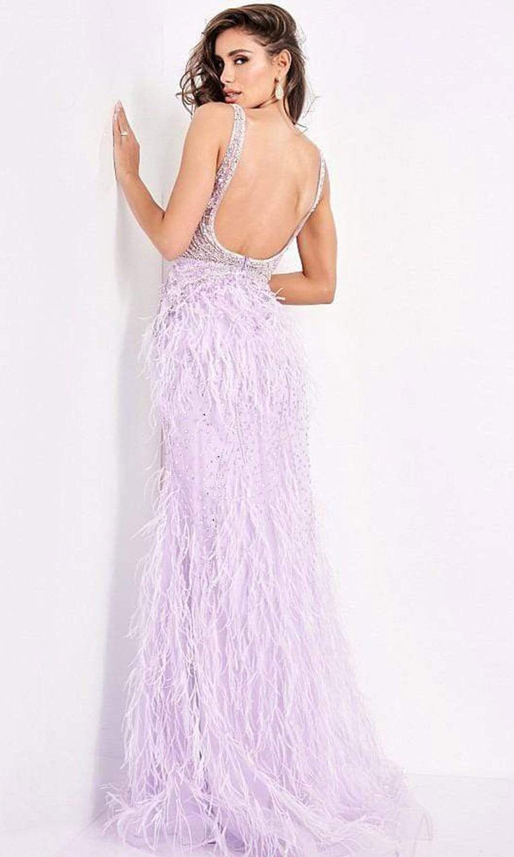 Jovani - 03023 Sheer Bodice Beaded Adorned Feather Fitted Evening Gown Prom Dresses