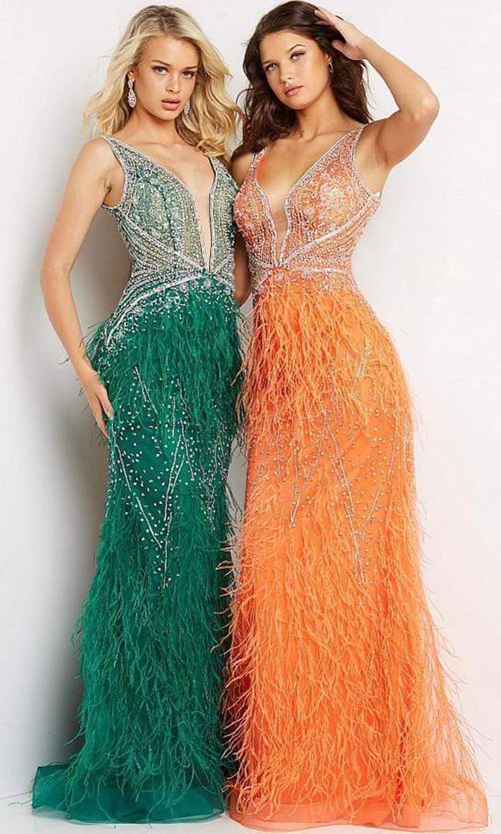 Jovani - 03023 Sheer Bodice Beaded Adorned Feather Fitted Evening Gown Prom DressesJovani - 03023 Sheer Bodice Beaded Adorned Feather Fitted Evening Gown Prom Dresses In Green and Orange