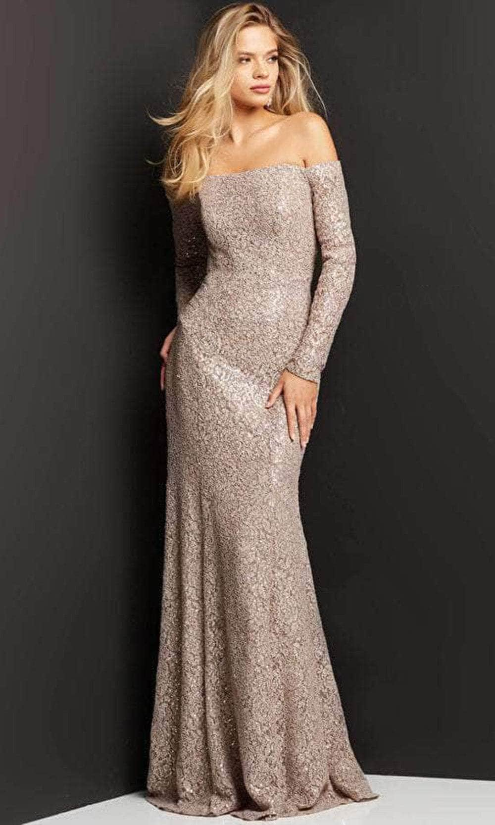 Jovani 03427 - Off-shoulder Straight Across Long Dress Evening Dresses 00 / Taupe