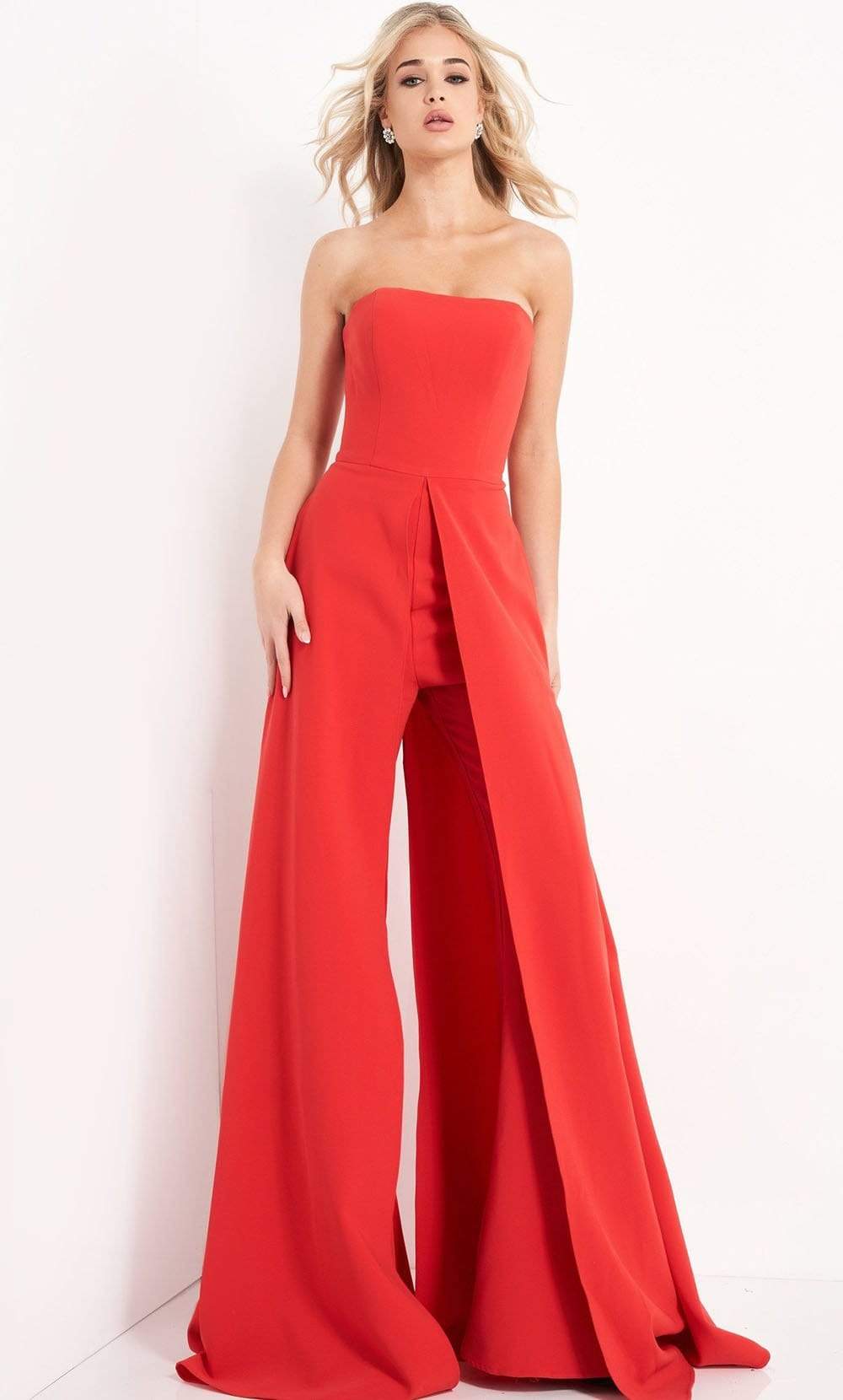 Jovani - 03529 Strapless Wide Leg Formal Evening Jumpsuit With Overlay Evening Dresses 00 / Red