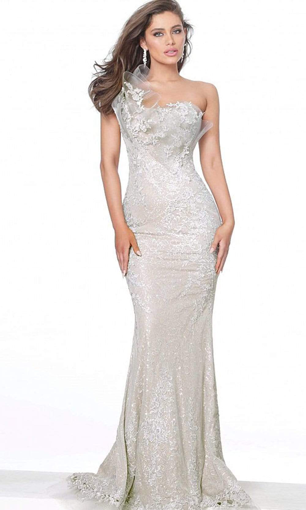 Jovani - 03904 Lace Asymmetric Neck Trumpet Dress Mother of the Bride Dresses 00 / Grey