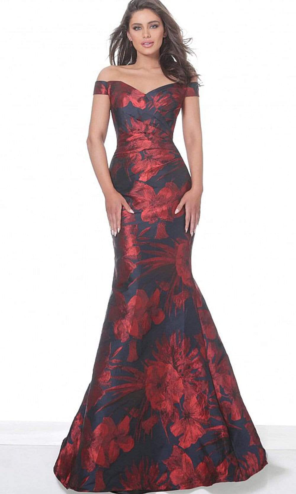 Jovani - 03932 Off Shoulder Floral Satin Mermaid Gown Evening Dresses