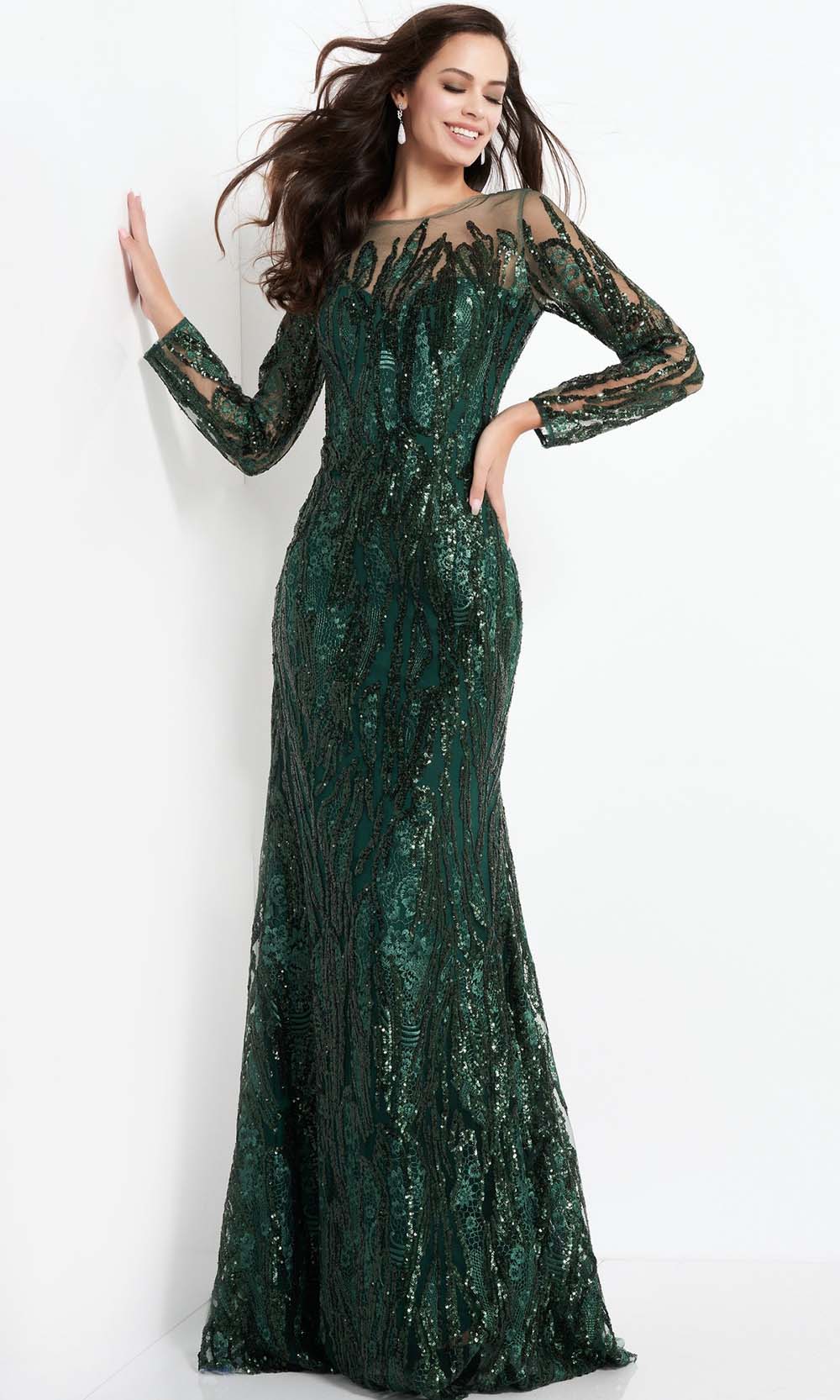 Jovani - 03936 Sequined Long Sleeve Sheath Dress Evening Dresses 00 / Dark Green