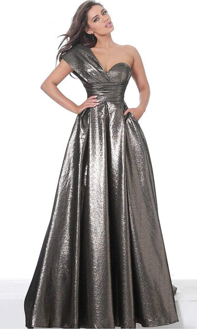 Jovani - 04170 Metallic One Shoulder A-Line Gown Evening Dresses 00 / Bronze