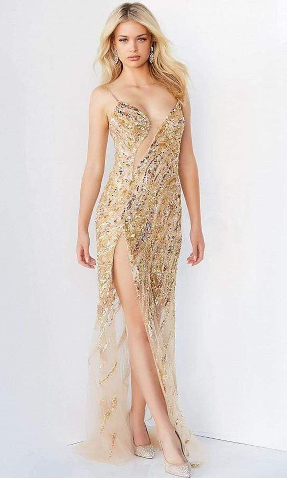 Jovani - 04195 Bejeweled Slit Cut Out Long Gown Prom Dresses 00 / Nude