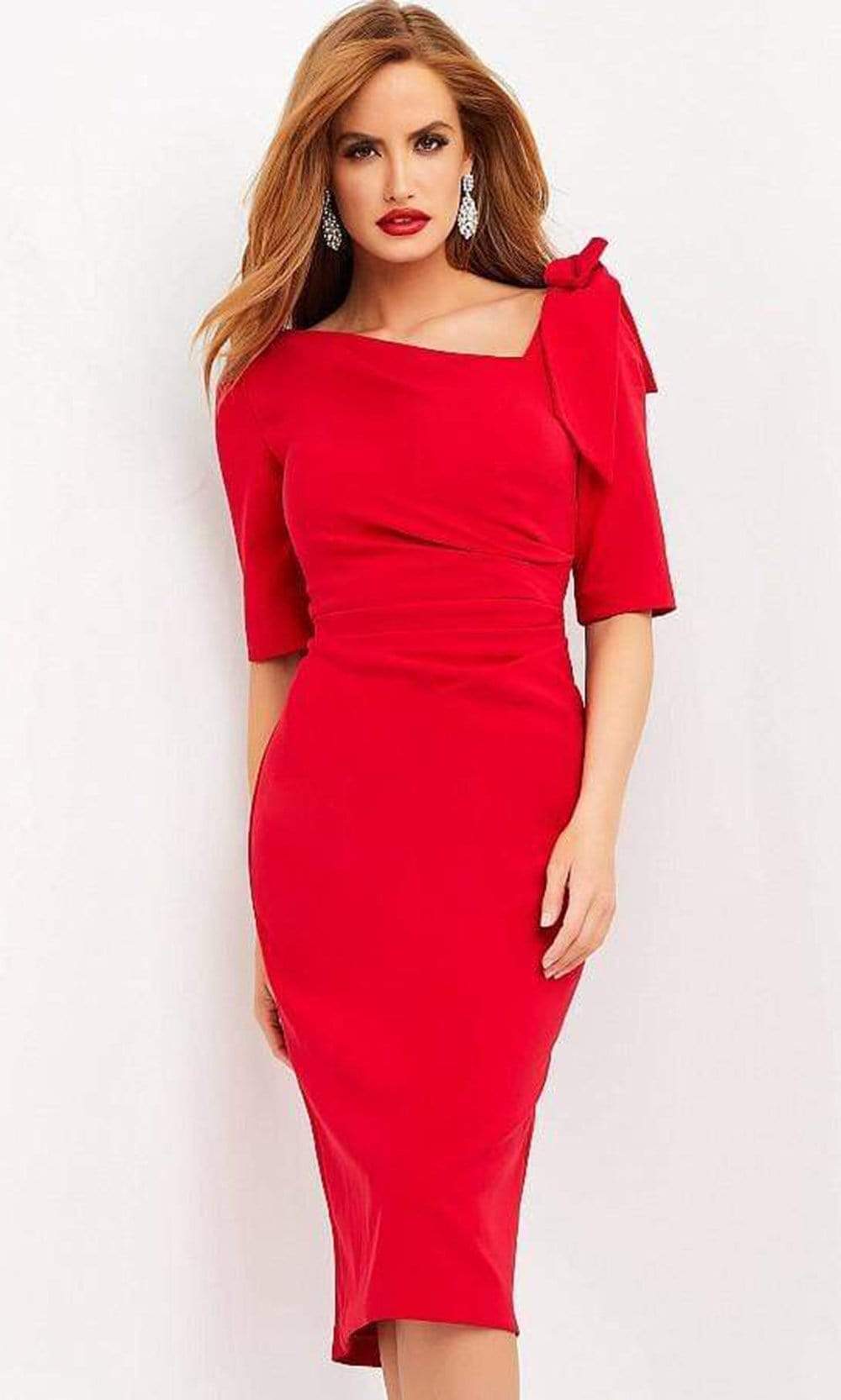 Jovani - 04281 Asymmetric Neck Fitted Knee Length Dress Special Occasion Dress 00 / Red
