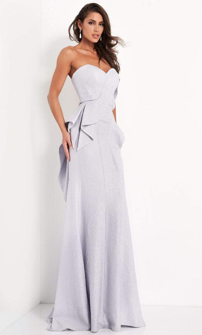 Jovani - 04430 Strapless Sweetheart Sheath Dress With Train Evening Dresses 00 / Silver