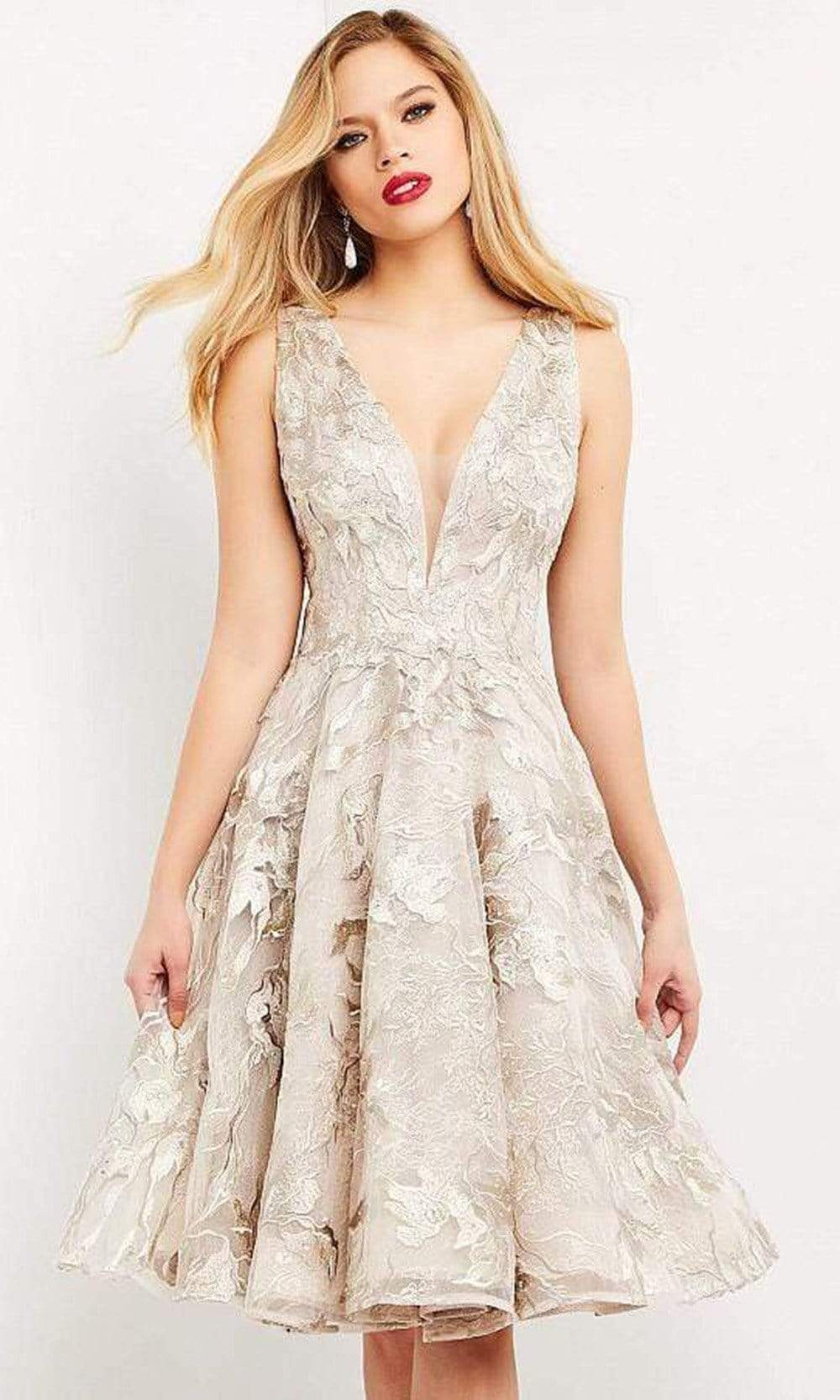 Jovani - 04442 Embroidered Fit and Flare Midi Dress Cocktail Dresses 00 / Champagne