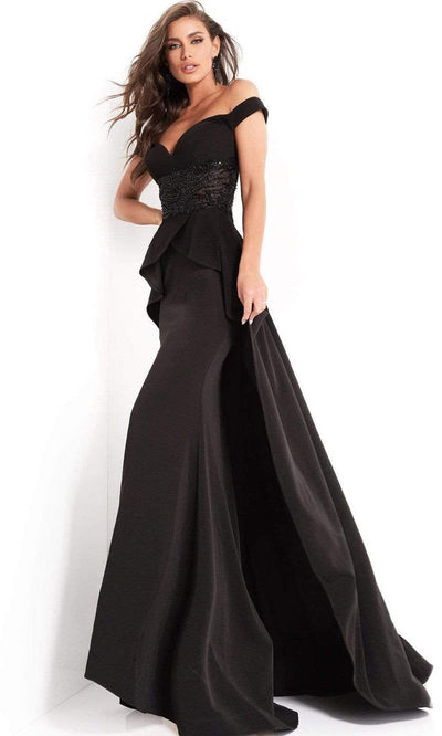 Jovani - 04460 Off Shoulder Embellished Dress With Overskirt Evening Dresses 00 / Black