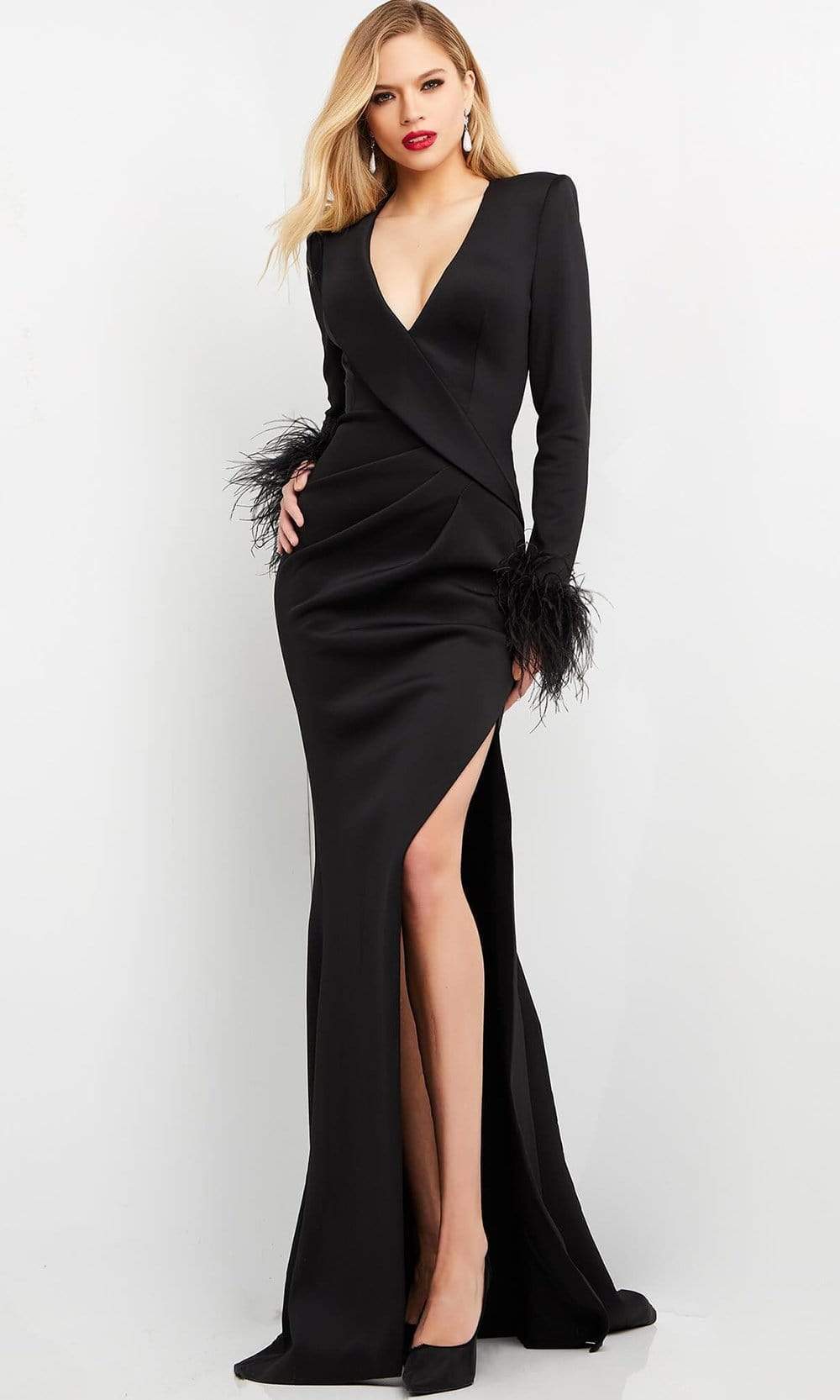 Jovani - 04501 V Neckline Feathered Sleeve Slit Gown Evening Dresses