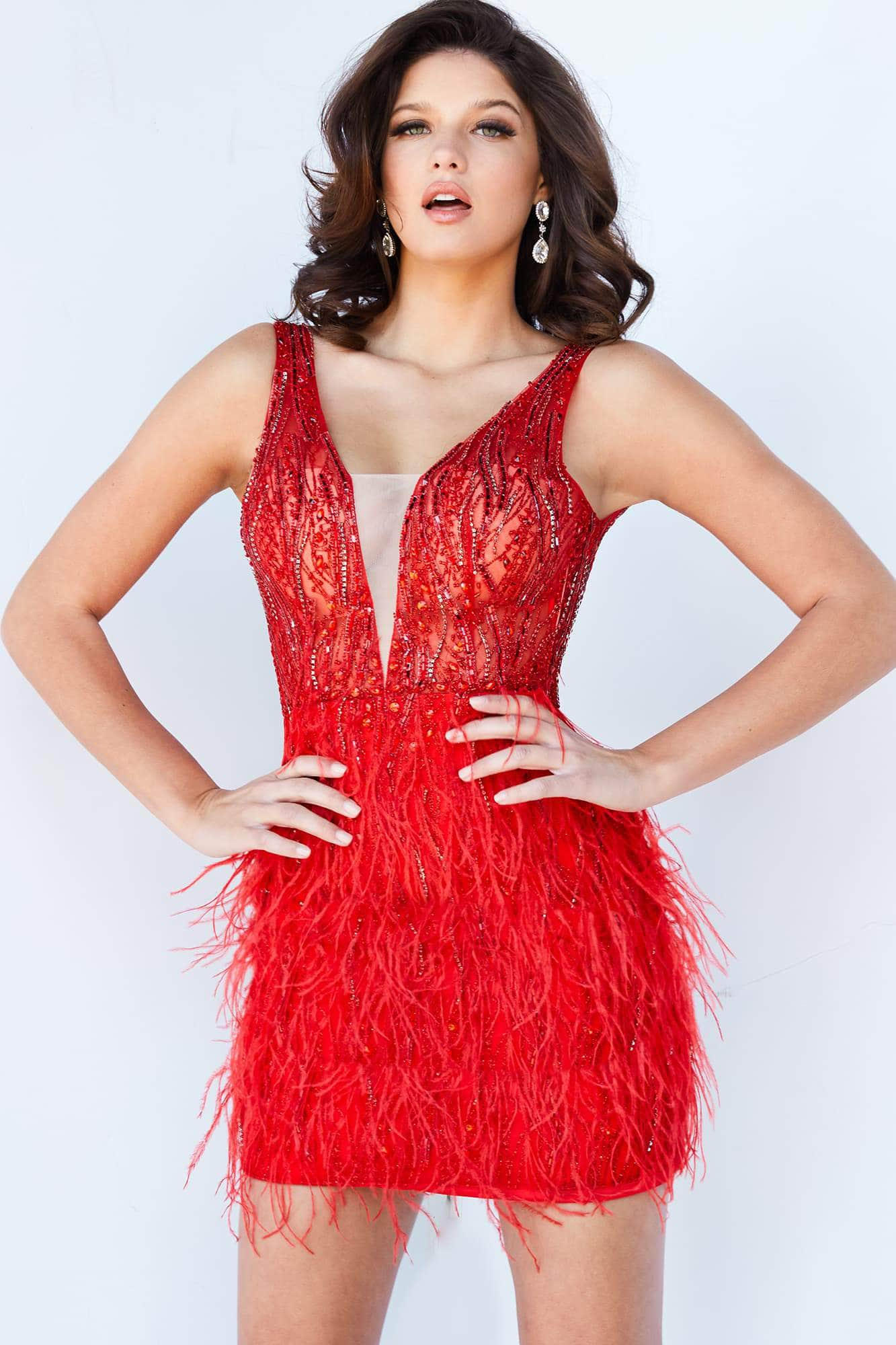 Jovani - 04619 Beaded V-Neck Feather-Fringed Dress Cocktail Dresses