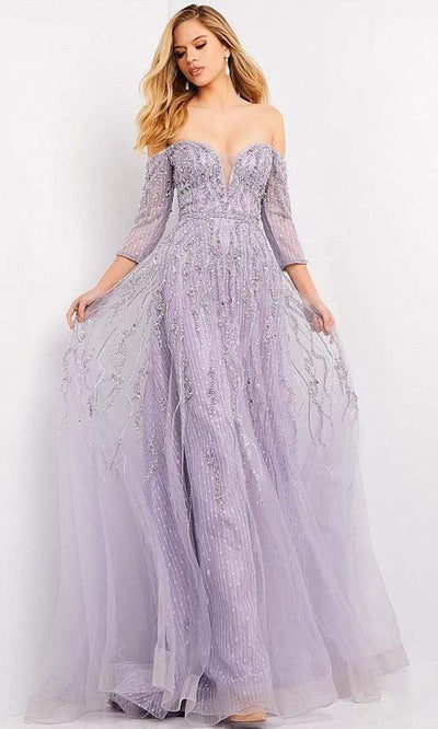 Jovani - 04632 Enchanting Beaded Off Shoulder Gown Evening Dresses 00 / Purple