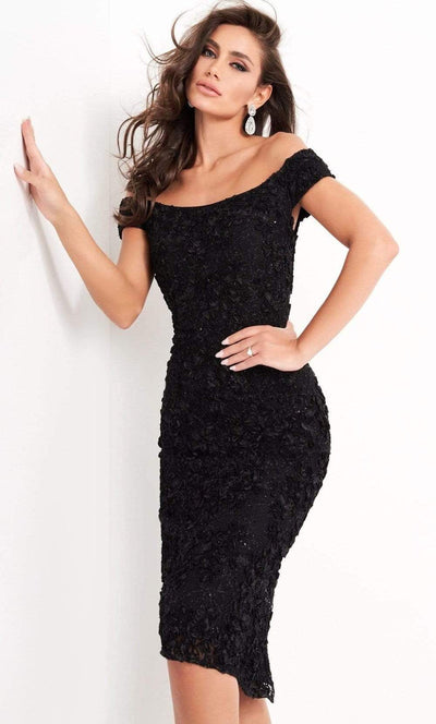 Jovani - 04763 Off-Shoulder Textured Lace Sheath Knee-Length Dress Homecoming Dresses 00 / Black