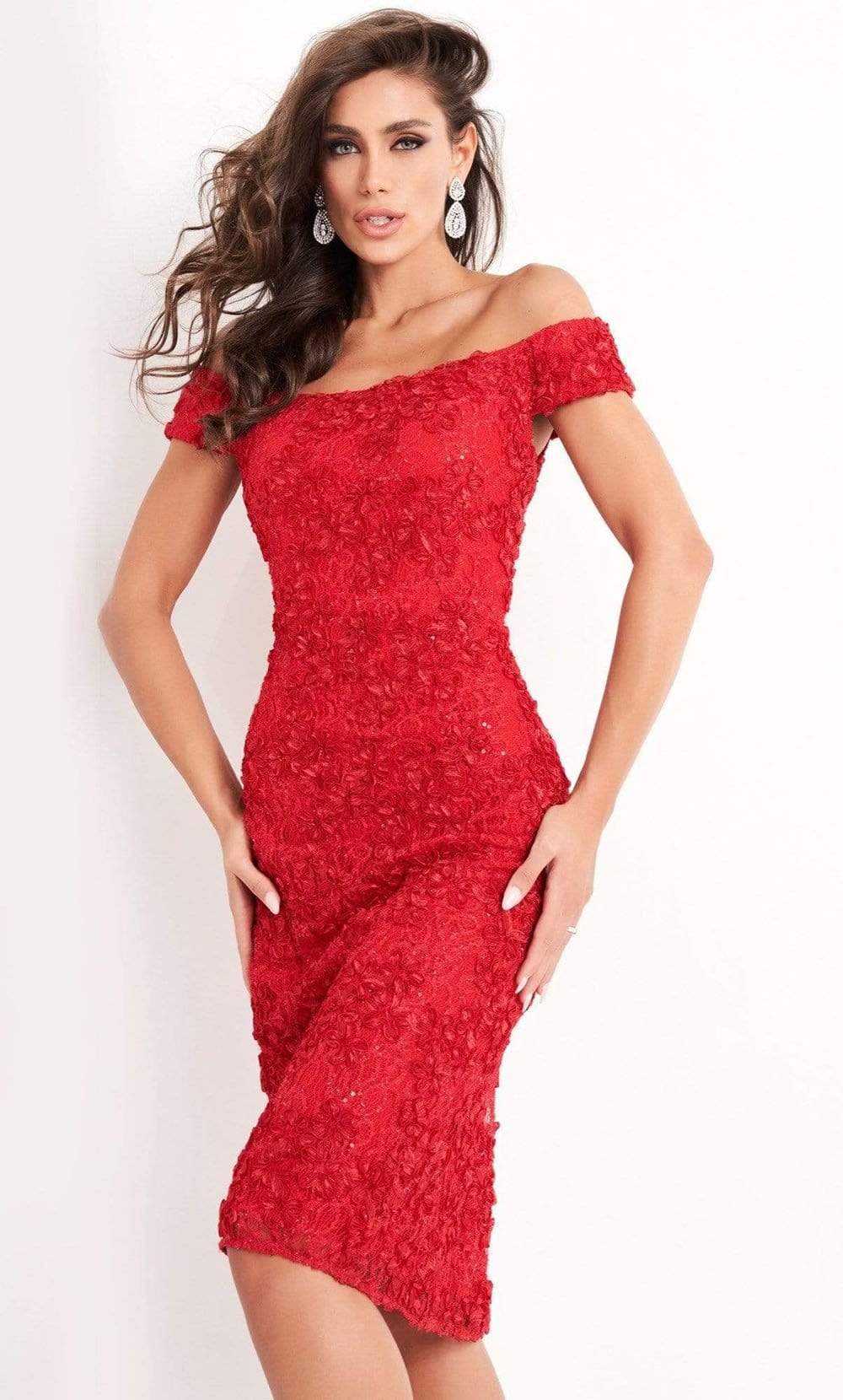 Jovani - 04763 Off-Shoulder Textured Lace Sheath Knee-Length Dress Homecoming Dresses 00 / Red