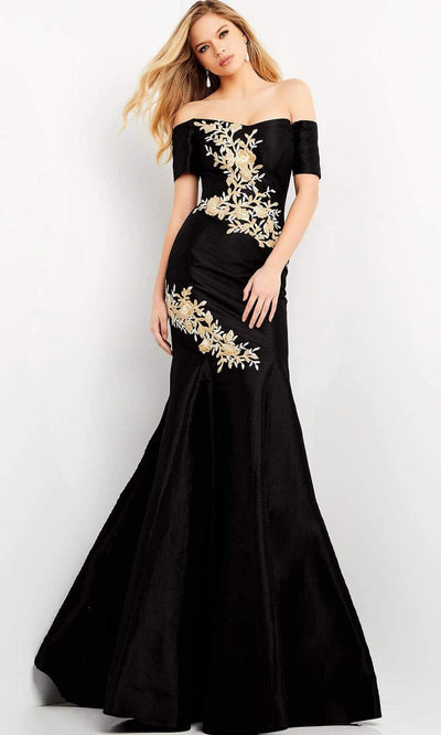 Jovani - 04814 Short Sleeve Off Shoulder Embroidered Trumpet Dress Evening Dresses