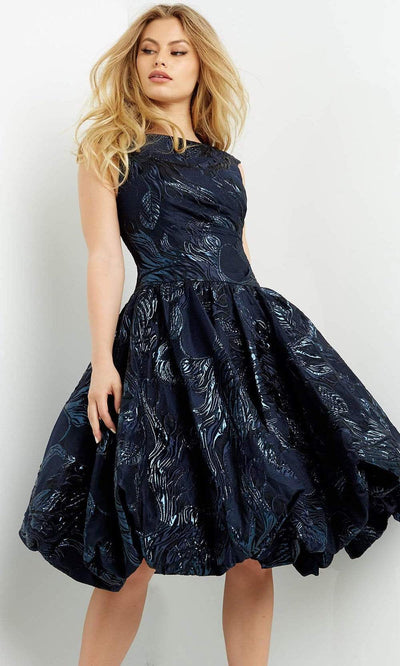 Jovani - 05016 Ruched Brocade Bubble Dress Special Occasion Dress 00 / Navy